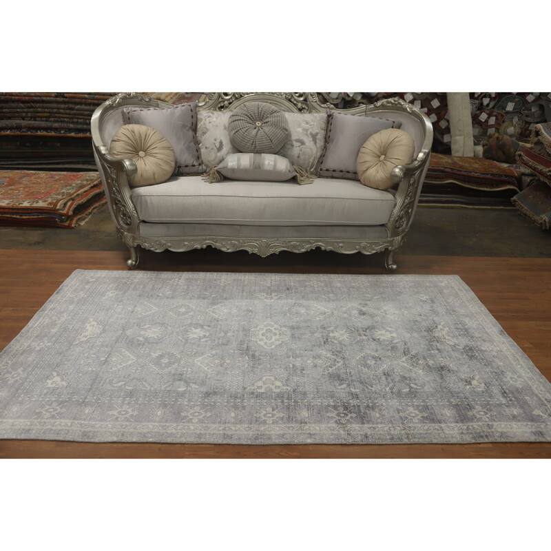 Hand-knotted Transitional Silk Carpet Grey Oushak Rug Geometric Oriental Area Rug - 7' 11'' X 4' 9''