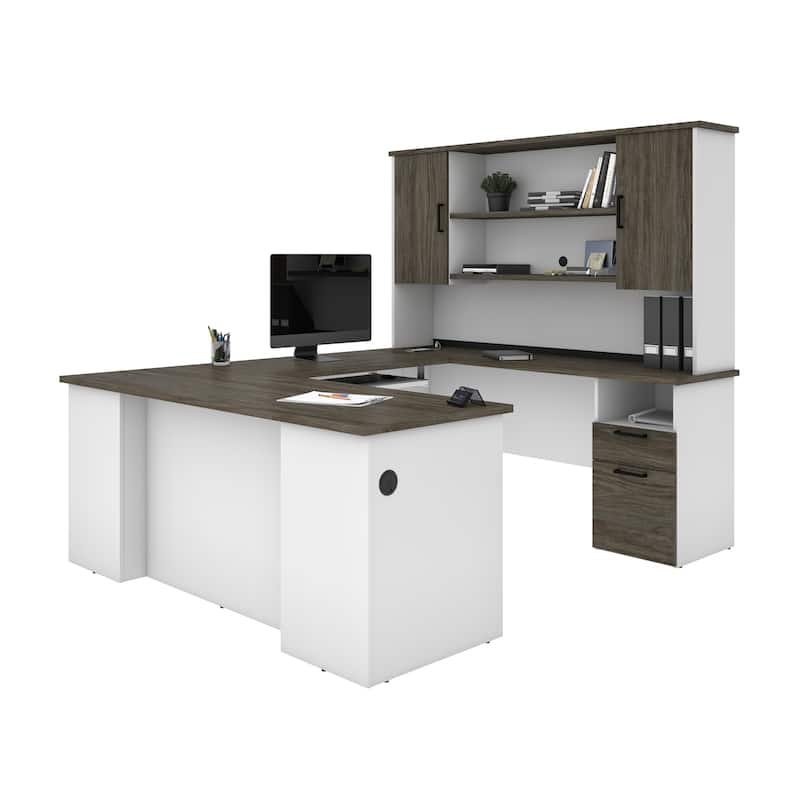 Bestar Norma 71W U or L-Shaped Executive Desk with Hutch - Walnut Grey & White