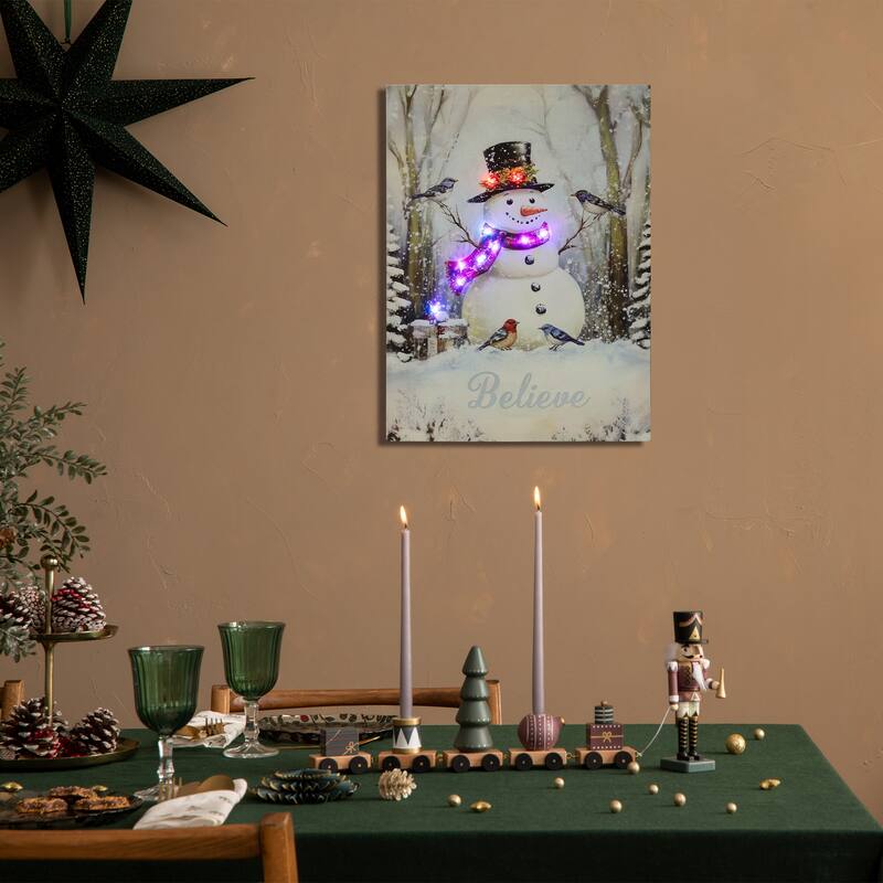 LED SnowmanBird Friends Christmas Canvas Wall Art 15.75" x 11.75"