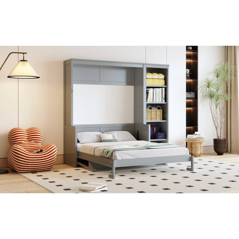 Full Size Murphy Bed with Desk and Bookshelf, Gray
