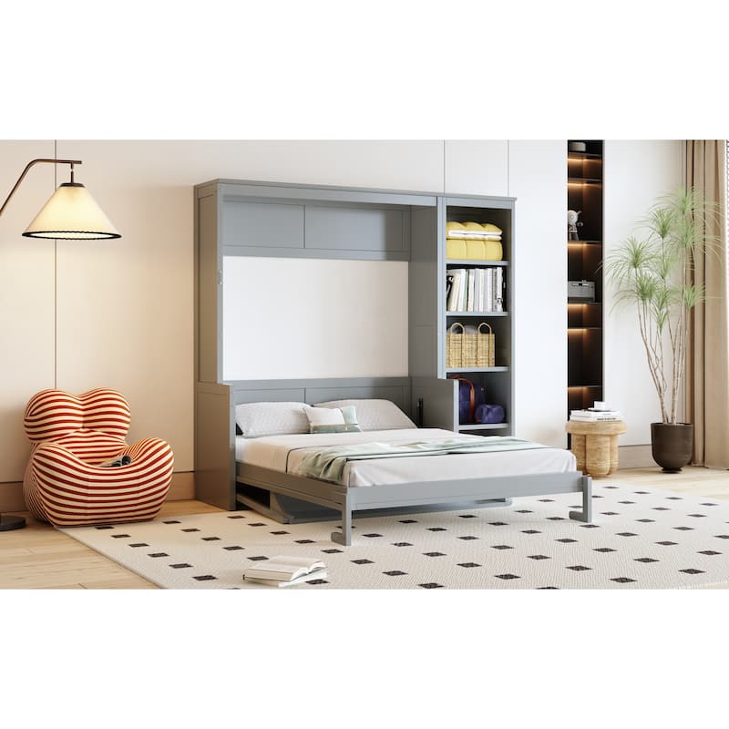 Murphy Bed with Bookshelf, Foldable Platform Bed with Desk, Storage Bed