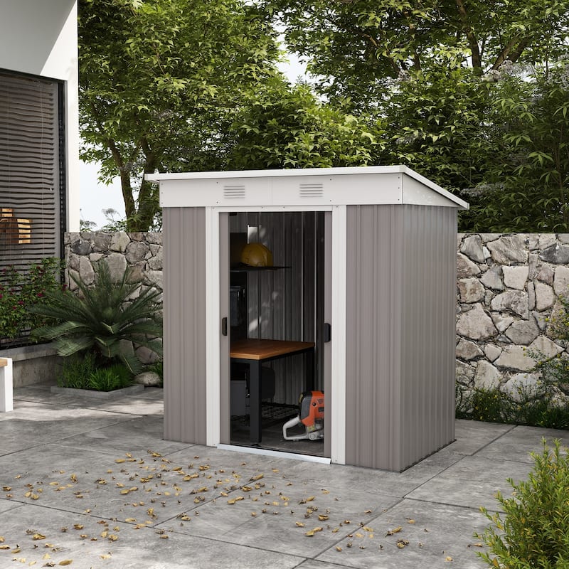 Outsunny 6' x 4' Metal Lean to Garden Shed, Outdoor Storage Shed, Garden Tool House with Double Sliding Doors, 2 Air Vents - Grey