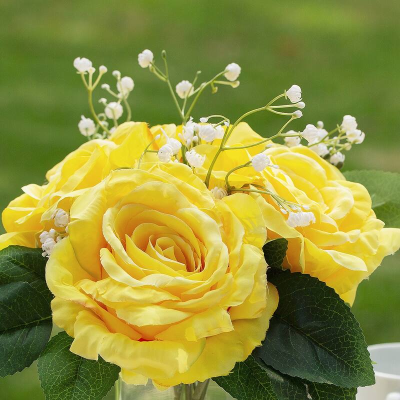 Enova Home 4 Large Silk Rose Flowers in Clear Glass Vase with Faux Water for Home Office Decoration