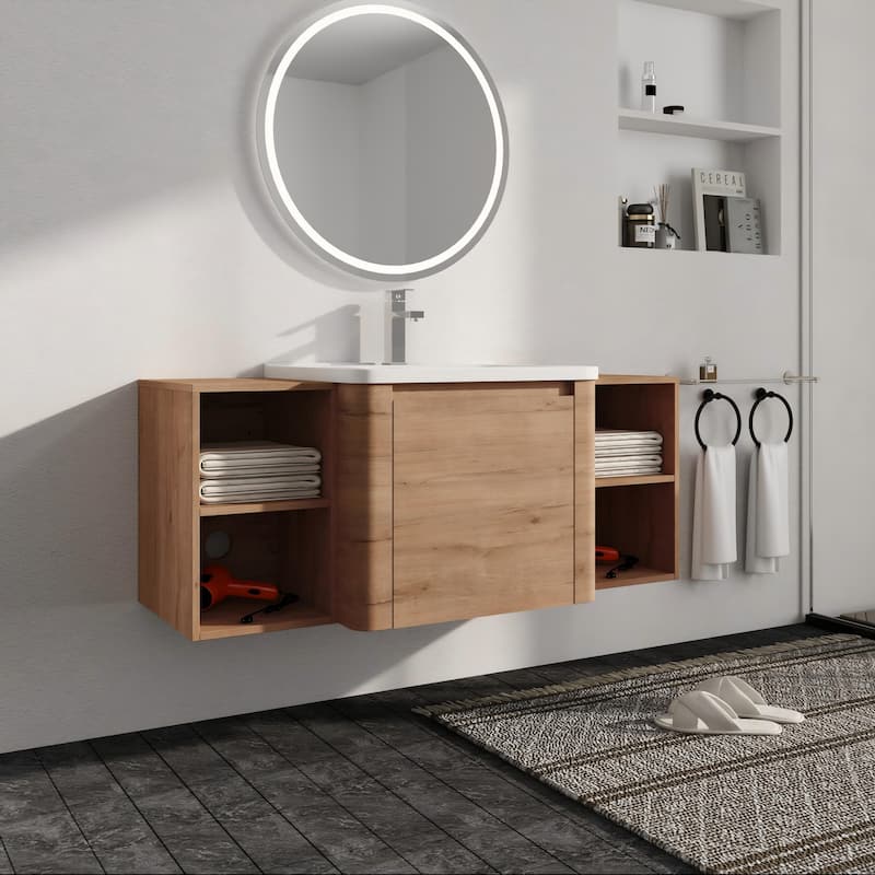 Malwee 24"/36"/48"/60" Floating Bathroom Vanity, Wall Mounted Bathroom Vanity with Ceramic Sink,Soft Close Door and Shelf