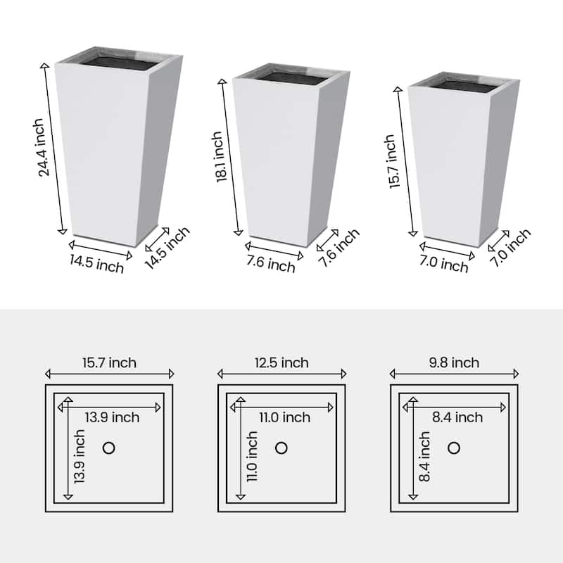 Plantara 24", 18" & 16" H Taper Shape Solid White Concrete planter, Modern Garden Plant pot, plug for Outdoor