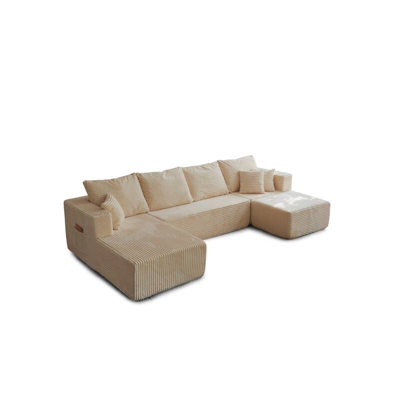 Modular Sectional Sofa with Chaise & Ottoman, Fabric Upholstered Boneless Cloud Sofa, Deep Seat Corner Sofa with Side Pockets
