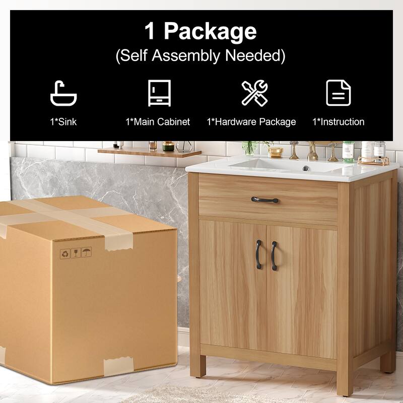 30" Wood Bathroom Vanity with Solid Wood Frame - 2 Soft-Close Doors, 1 Flip Drawer, Adjustable Shelf (Sink Not Included)