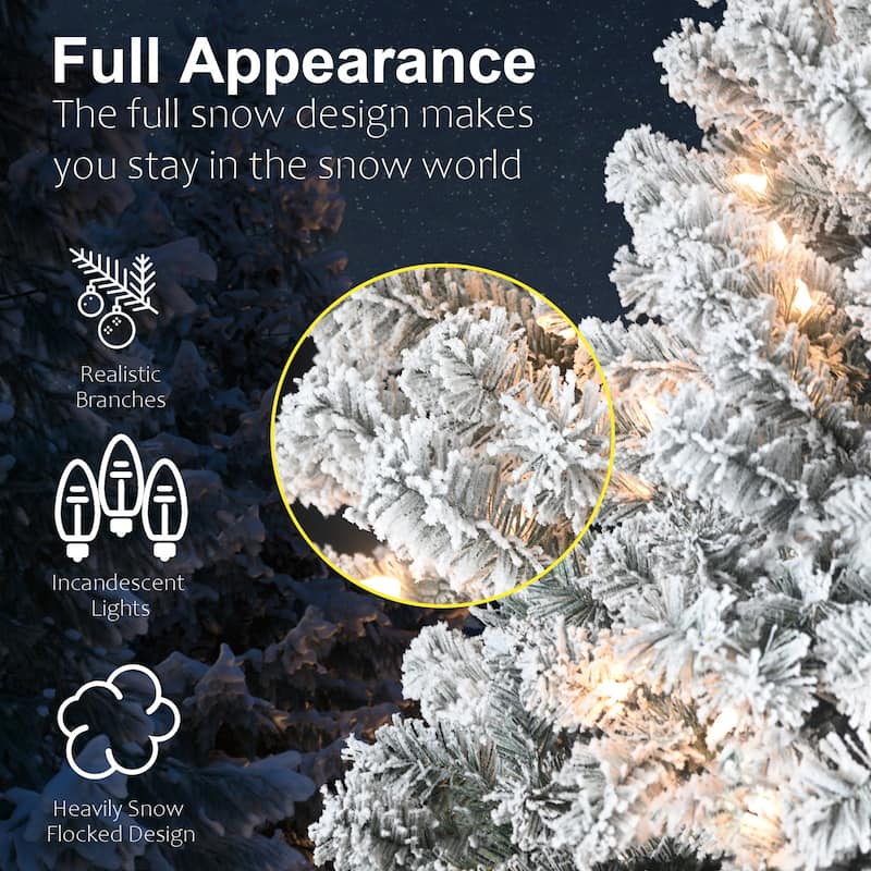 6FT Flocked Christmas Tree with 250 Warm White Incandescent Lights-Snowy Artificial Holiday Tree with 678 Tips and Metal Stand