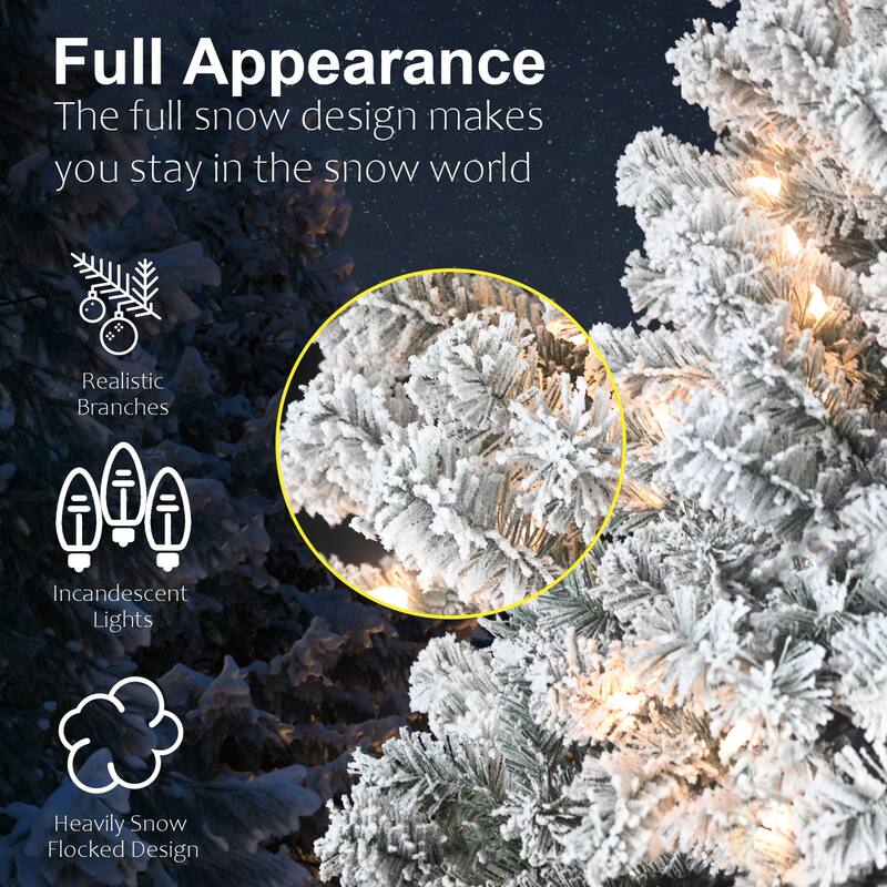 7FT Flocked Christmas Tree with 350 Warm White Incandescent Lights-Snowy Artificial Tree with 1022 Tips and Sturdy Metal Stand