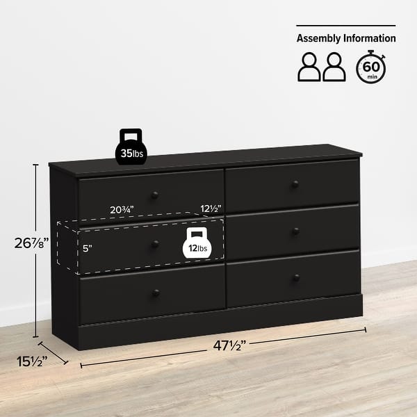 dimension image slide 3 of 5, Prepac Astrid 6 Drawer Double Dresser for Bedroom, Wide Chest of Drawers, Bedroom Furniture,Traditional Furniture