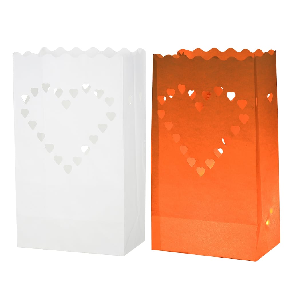 White Paper Luminary Bags, Heart Flame Resistant Candle Bags