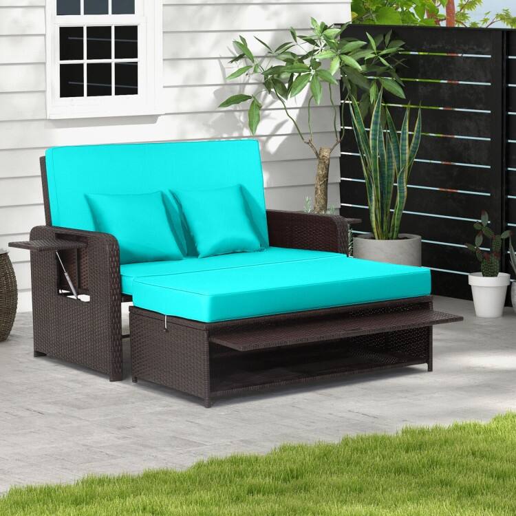 Patio Rattan Daybed with 4-Level Adjustable Backrest and Retractable Side Tray - 31" x 67" x 36"