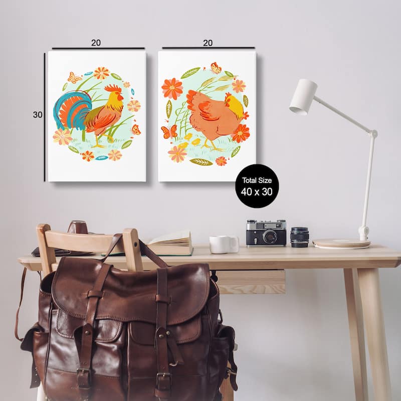 Stupell Rooster & Hen with Florals Canvas Wall Art Design By Hannah Moren (Set of 2)