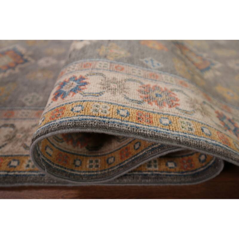 Grey Geometric Kazak Runner Rug Handmade Wool Carpet - 2'10" x 9'10"