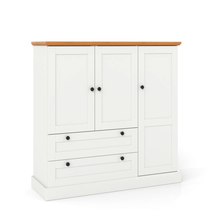 White and Natural Buffets Kitchen Pantry with 2 Cabinets 2 Drawers and Farmhouse Style Storage - 47.5" x 16" x 47.5" - White-Natural