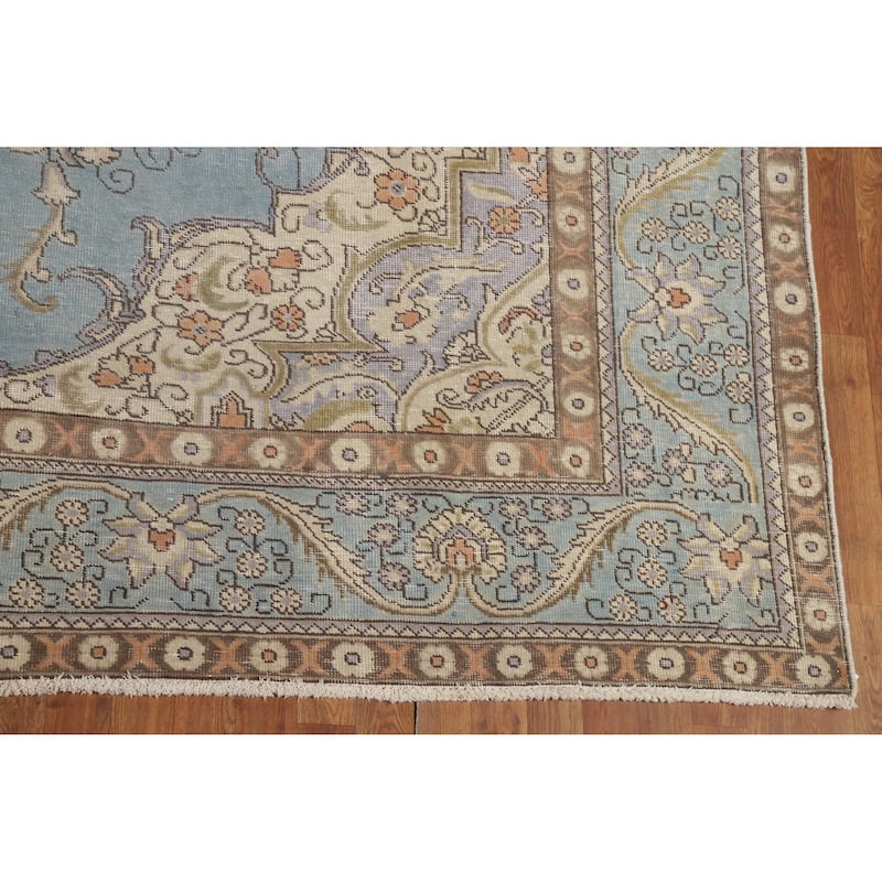 Light Blue Tabriz Persian Vintage Area Rug Handmade Wool Carpet - 9'10" x 12'7"