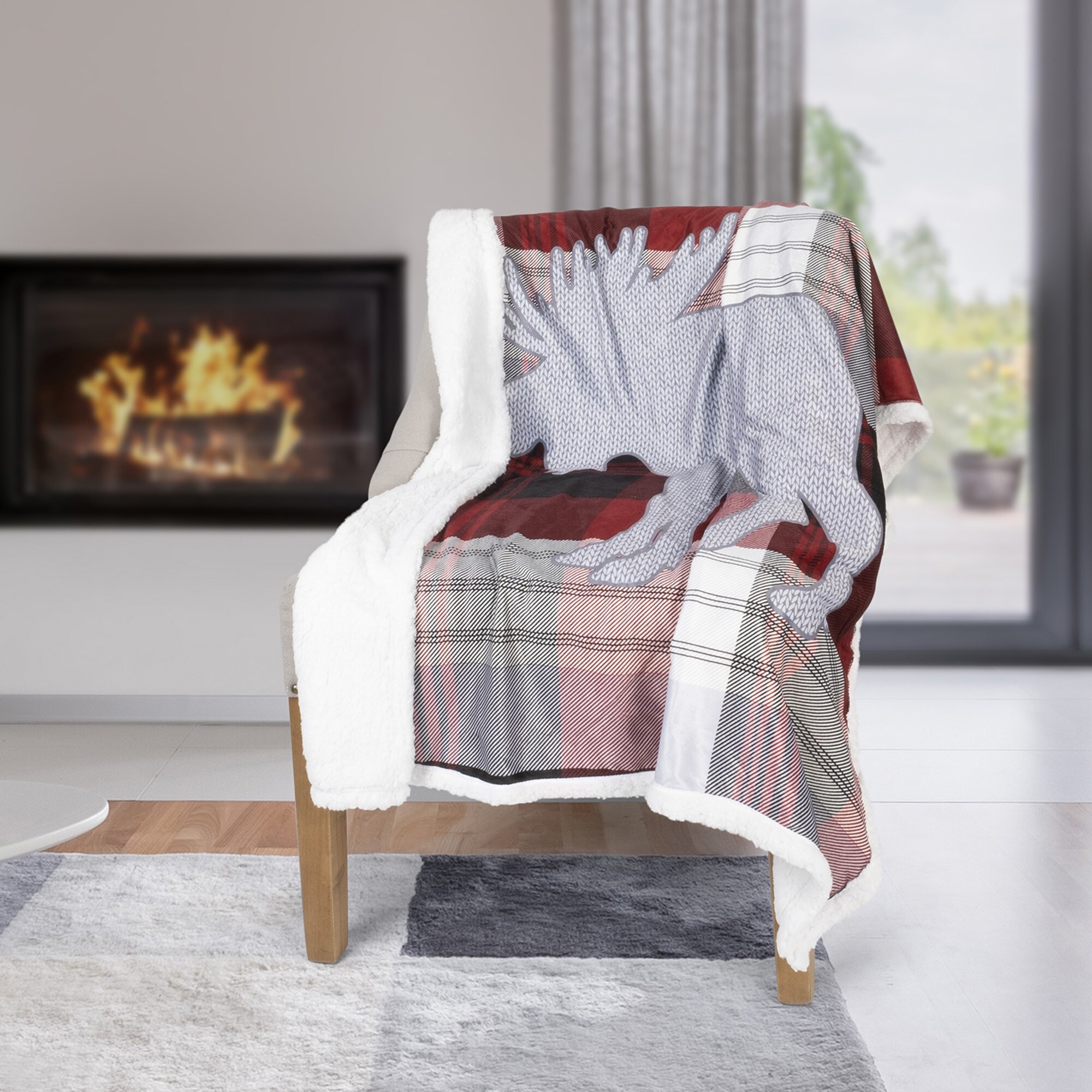 Premium Reversible Throw Blanket 60in x 48in Knit Moose on Plaid