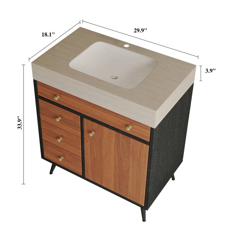 GDFStudio - Bristol Modern 29.9" Freestanding Bathroom Vanity with Sintered Stone Top, Ceramic Sink & Stainless Steel Legs