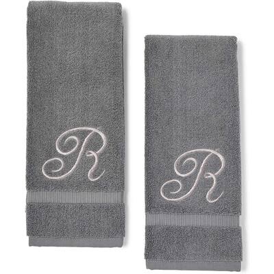 Monogrammed Hand Towel, Embroidered Letter R (Grey, 16 x 30 in, Set of 2)