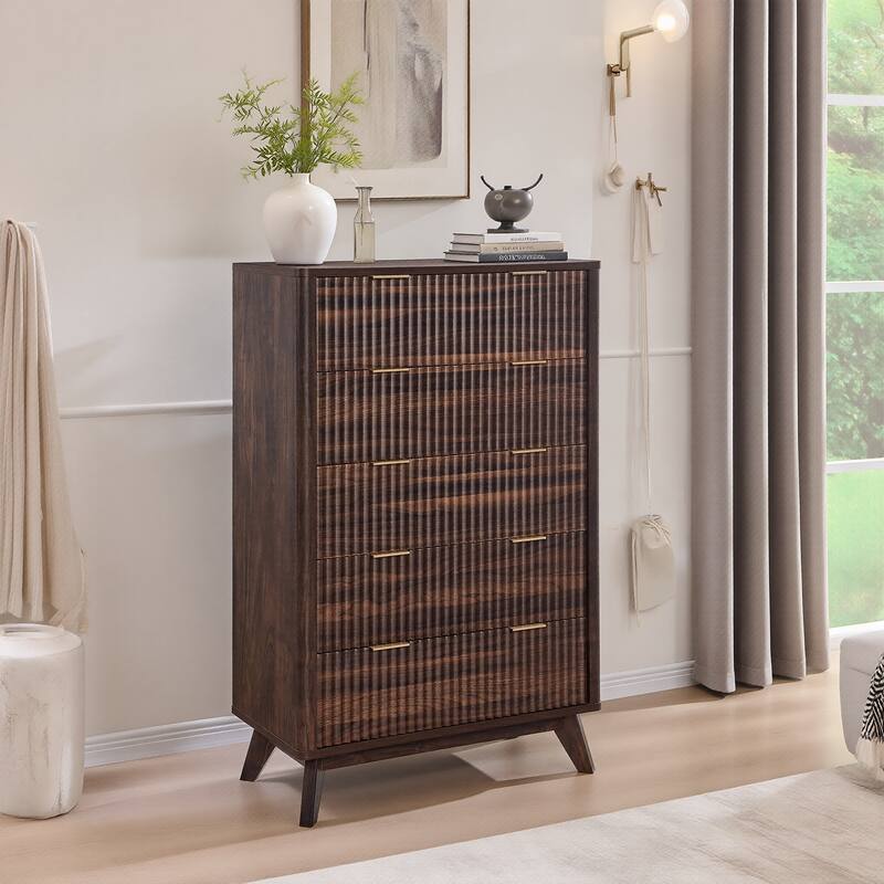 Modern 5 Chest of Drawers, Wood Dresser for Bedroom, Living Room - Dark Walnut