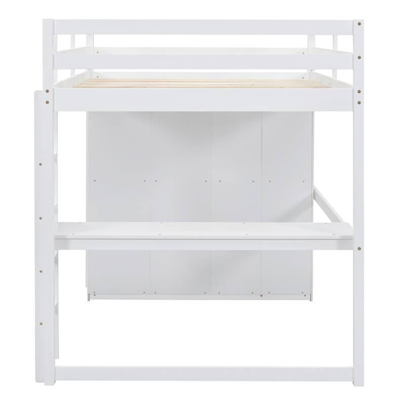 Full Size Loft Bed with Wardrobe, Desk, Storage Shelves, and Drawers in White