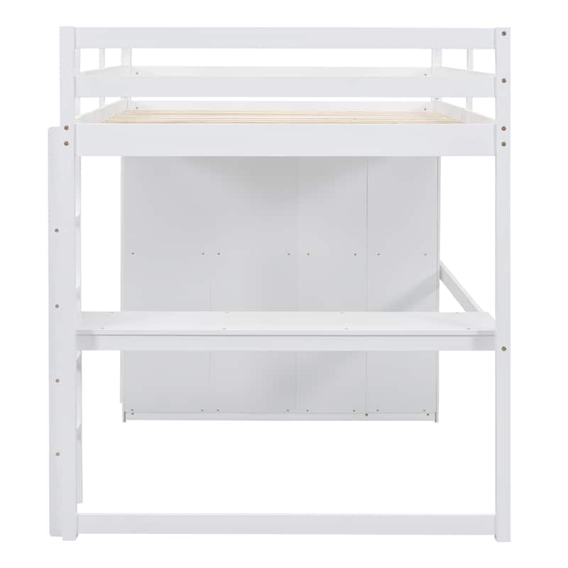 Full Size Solid Wood Loft Bed with Wardrobe, Desk, and Shelves
