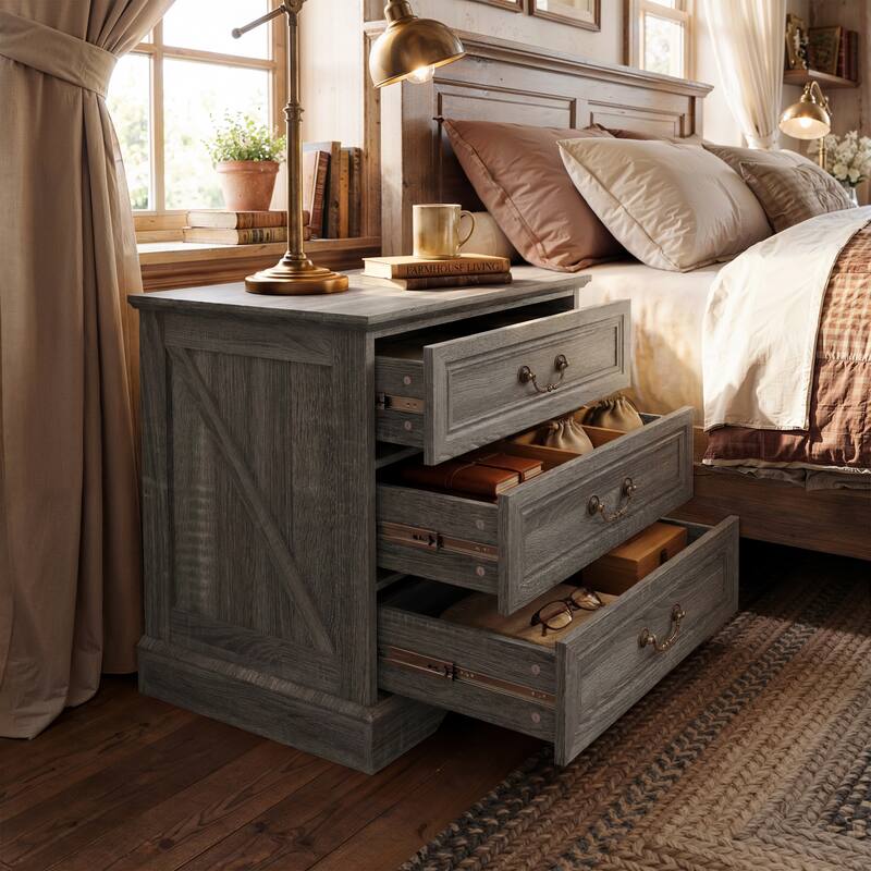 Farmhouse Nightstand with Charging Station, 3 Drawer Bedside Table with 2 AC Outlets & 2 USB Ports, Rustic Wood End Table