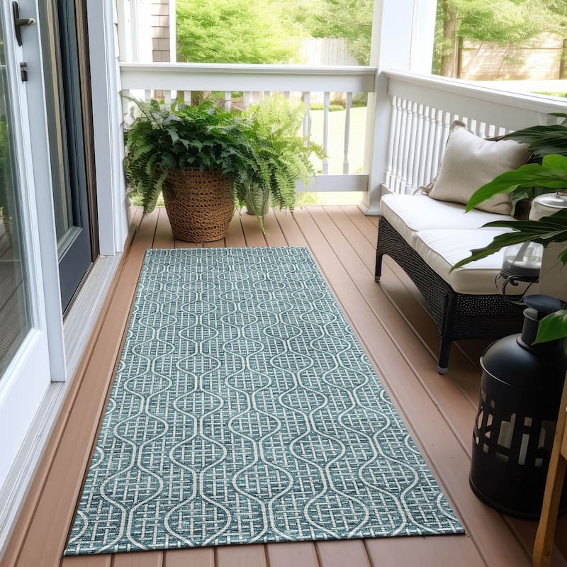 Machine Washable Indoor/ Outdoor Chantille Criss Cross Geo Rug - Teal - 2'3" x 7'6"