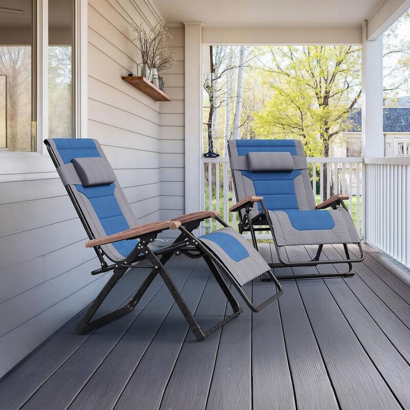 PURPLE LEAF Patio Chaise Lounge Outdoor Beach Pool Sunbathing Lawn Lounger Recliner Chair - Grey&Navyblue,Extra Wide-Set of 2