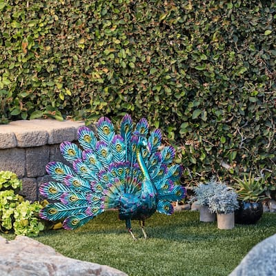 Alpine Corporation 23" Tall Outdoor Metallic Peacock Tail Spread Yard Statue Decoration, Multicolor
