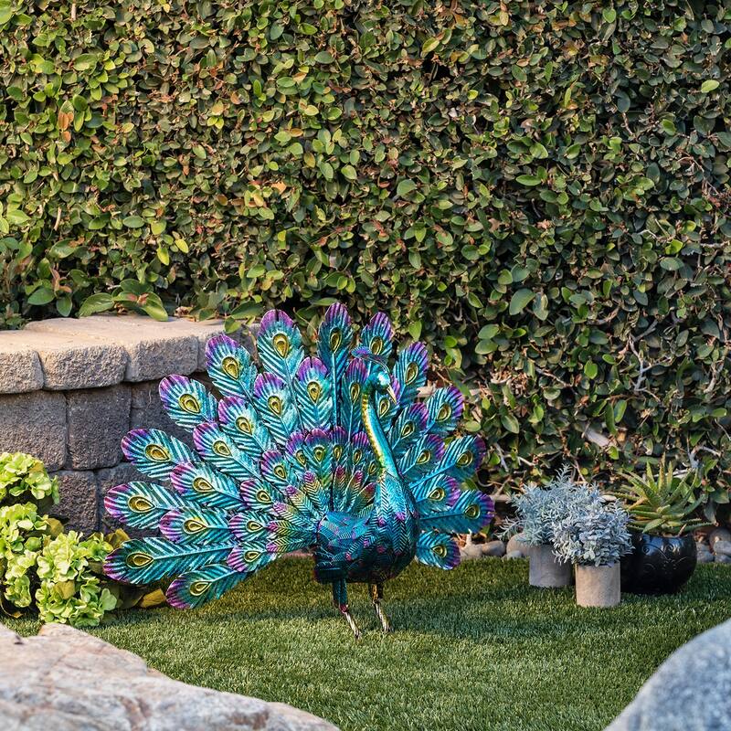 Alpine Corporation 23" Tall Outdoor Metallic Peacock Tail Spread Yard Statue Decoration, Multicolor