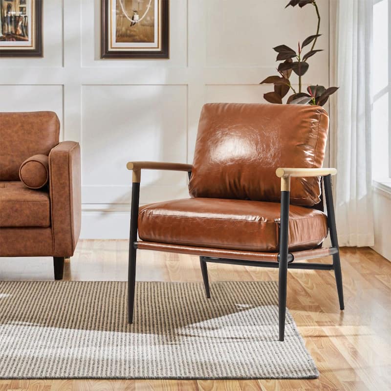 27" W Modern Upholstered Metal Frame Accent Chair - Single - Brown- Faux Leather