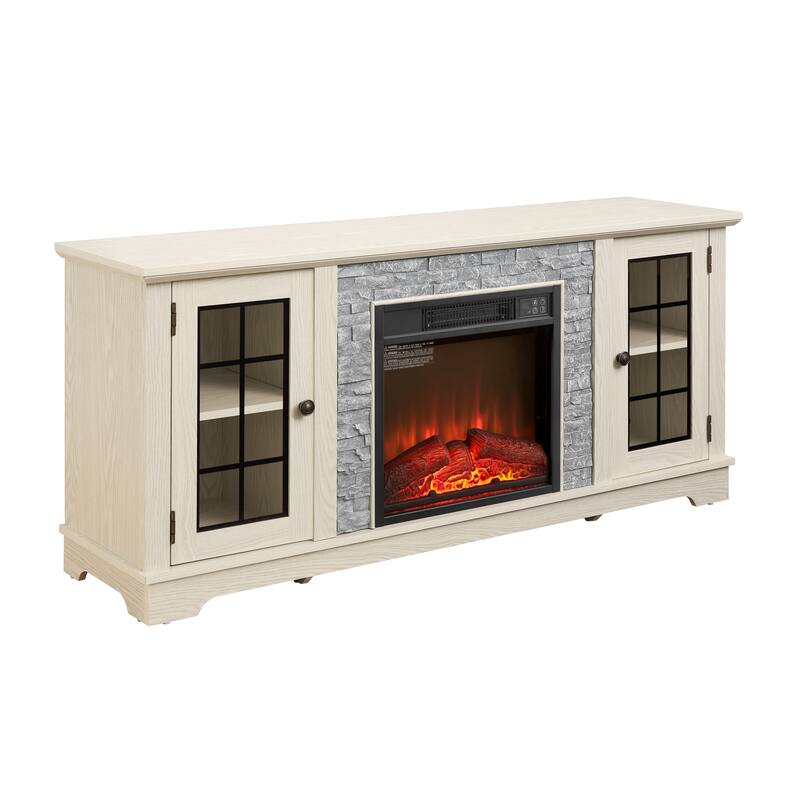 GDFStudio Eulalia Wood 2-Door Storage TV Stand with Faux Stone Mantle