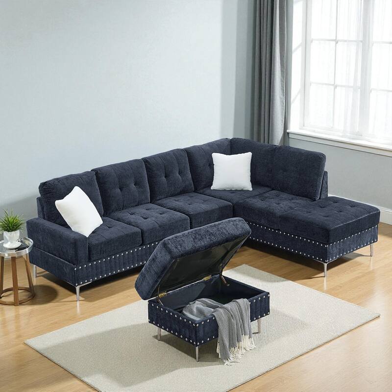 102" 3-Seater L-Shaped Sectional Sofa with Chaise and Storage Ottoman, Chenille Upholstery, Metal Legs, Rivet Trim & 2 Pillows