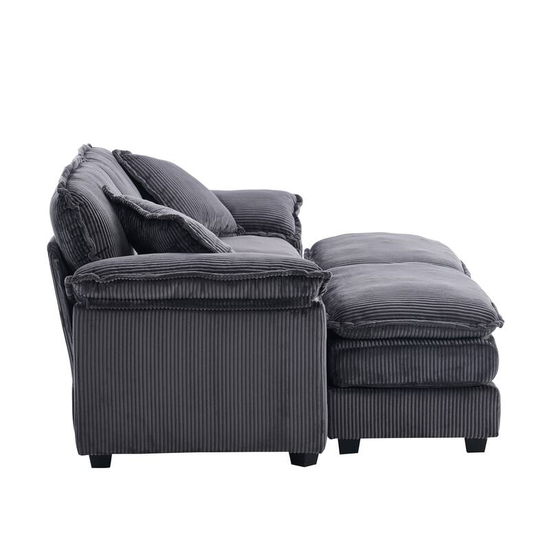 84.6" Corduroy 2-seats sofa With 2 back pillows,2 toss pillows and two ottoman