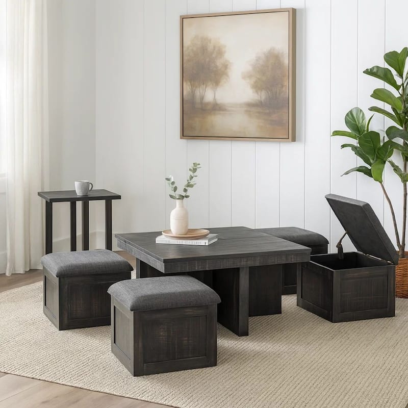 Mizo 5 Piece Coffee Table Set, 4 Nesting Storage Ottomans, Gray Oak Finish