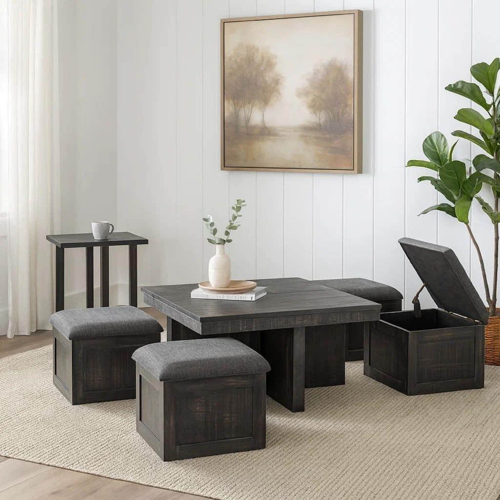 Mizo 5 Piece Coffee Table Set, 4 Nesting Storage Ottomans, Gray Oak Finish