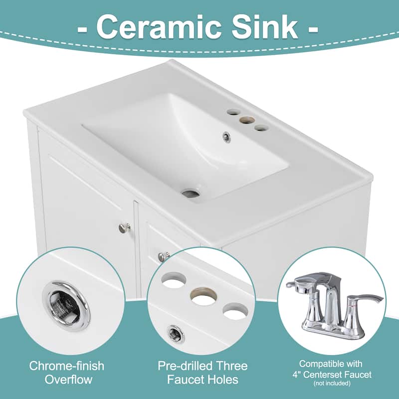 30" Bathroom Vanity With Sink, One Door With Shelf And Three Drawers, Soft Close Door
