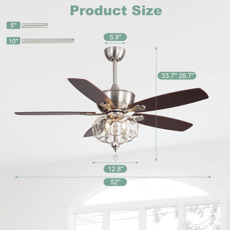 52" Sand Nickel Ceiling Fan with Crystal Shade
