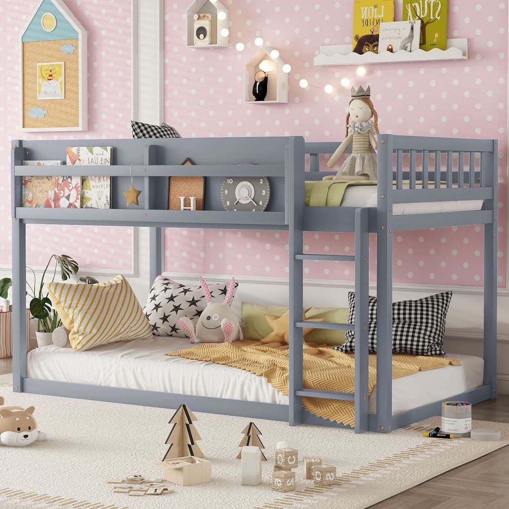 Low Twin Over Twin Bunk Bed, Floor Bunk Bed with Ladder, Solid Wood Twin Bunk Bed for Kids & Juniors