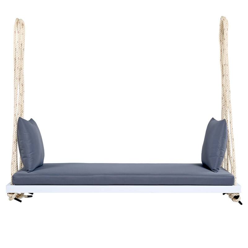 Porch Wooden Swing Chair with Hemp Ropes, Patio Hanging Swing Bench with Cushion & 2 Pillows