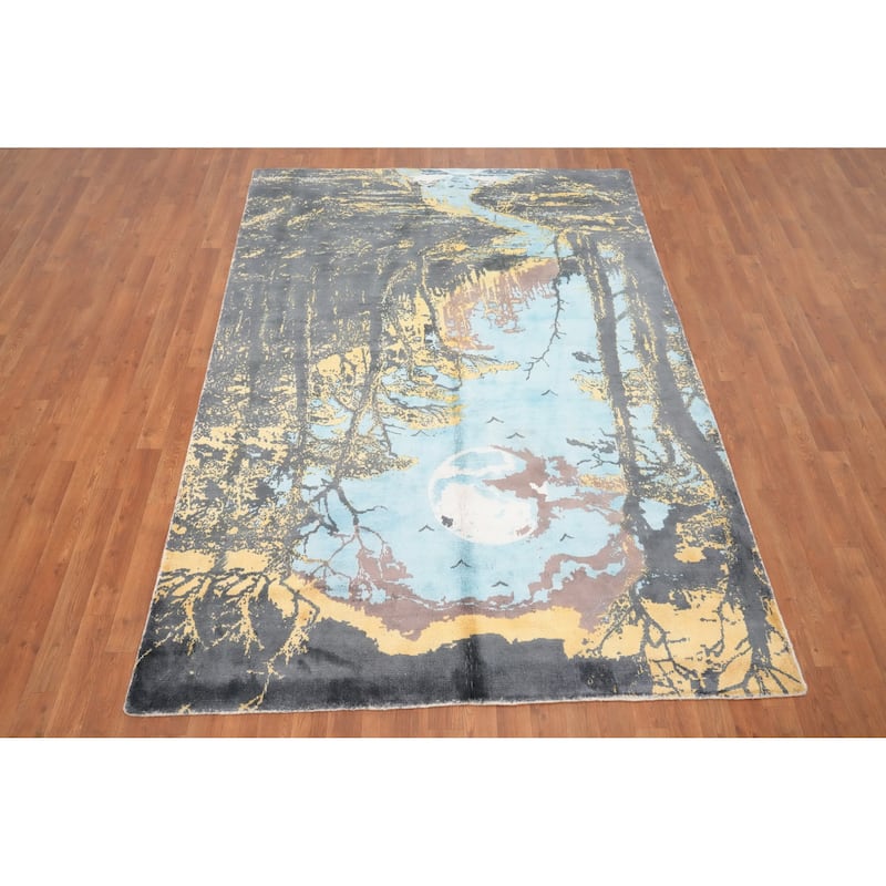 Hand Knotted Oriental Viscose Silk Carpet Modern Pictorial Multi-Colored Abstract Area Rug - 7' 9'' X 5' 6''