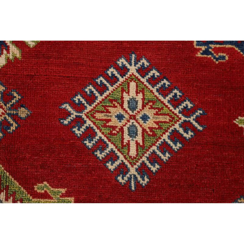 Geometric Kazak Area Rug Hand-Knotted Oriental Red Wool Carpet - 6'6" x 9'11"