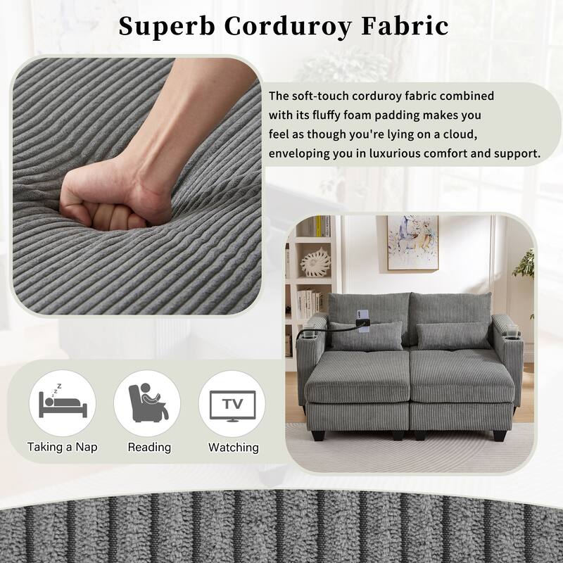 63" Convertible Corduroy Sofa Bed with USB Ports, Cup Holders, Storage, Grey