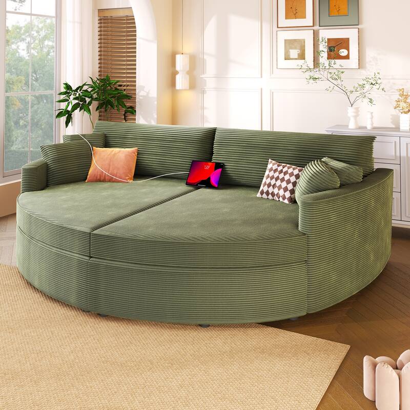 102.3" Oversized Double Chaise Lounge Sofa, Corduroy Upholstered Sleeper Sofa Bed 2 Seat Sofa Loveseat with USB Ports