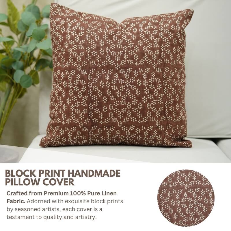 Fabdivine Block Print 12x20 Inch Pillow Cover Pure Linen Floral Farmhouse Decor Accent for Brown Soft, Cushion Case, Kanak Buti