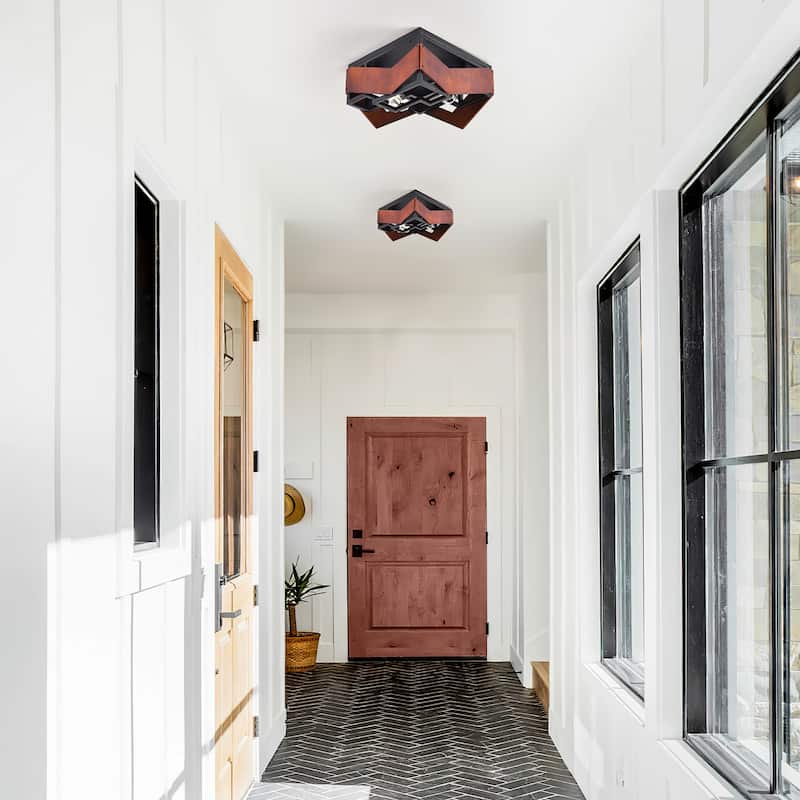 2 - Light Geometric Flush Mount Ceiling Light, Wood & Metal Design - Matte Black - N/A