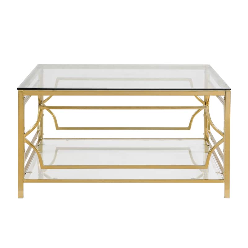 Square Glass Coffee Table in 33.5",Luxurious Geometric Metal Frame,Gold Finish & Lower Shelf