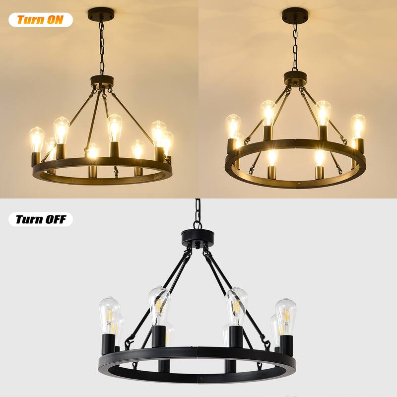8-Light Matte Black Wagon, Wheel Chandelier Farmhouse, Modern Small Round Chandelier, for Living, Room