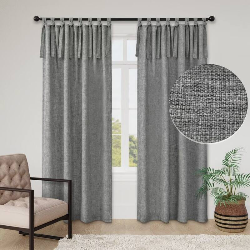 Linen Texture Tie Top Room Darkening Curtain Pair(2 panels) - 52"Wx108"L - Dark Grey